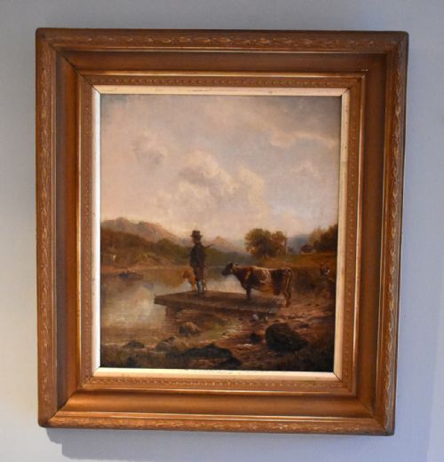 victorian oil painting of a farmer waiting for a ferry - CATEGORY: ANTIQUE ART - DATED 1880