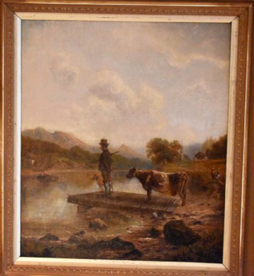 VICTORIAN OIL PAINTING OF A FARMER WAITING FOR A FERRY - ADDITIONAL PHOTO 1