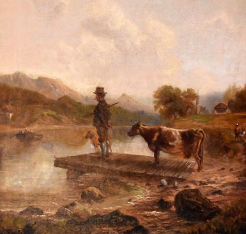 VICTORIAN OIL PAINTING OF A FARMER WAITING FOR A FERRY - ADDITIONAL PHOTO 2