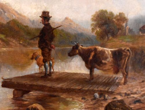 VICTORIAN OIL PAINTING OF A FARMER WAITING FOR A FERRY - ADDITIONAL PHOTO 3