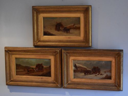 set of three victorian painted prints of coaching scenes - CATEGORY: ANTIQUE ART - DATED 1890