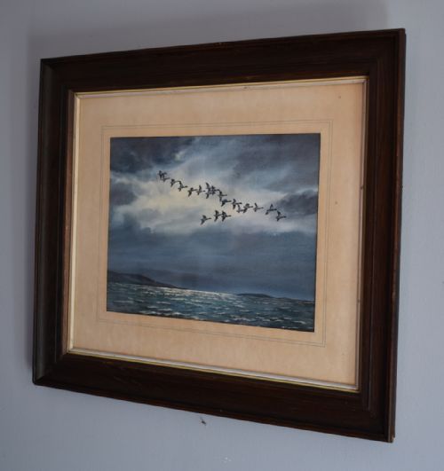 'wild geese off the western isles' watercolour by cecil hodgkinson - CATEGORY: ANTIQUE ART - DATED 1950