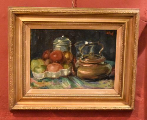 impressionist still life oil with copper kettle - CATEGORY: ANTIQUE ART - DATED 1900