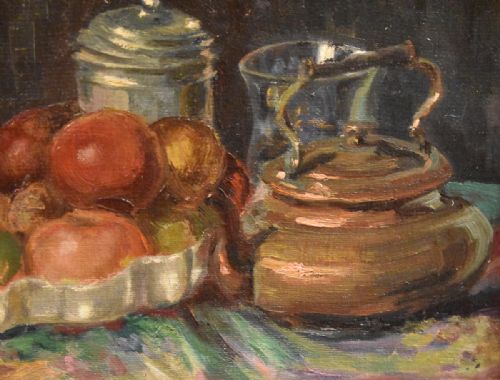 IMPRESSIONIST STILL LIFE OIL WITH COPPER KETTLE - ADDITIONAL PHOTO 5
