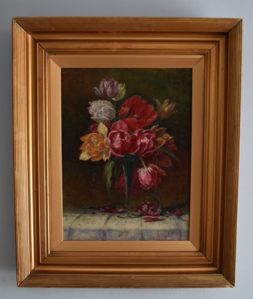 victorian still life oil painting of flowers - CATEGORY: ANTIQUE ART - DATED 1900
