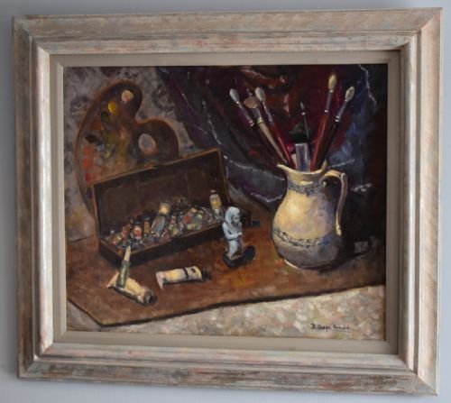 'in my studio' still life oil painting - CATEGORY: ANTIQUE ART - DATED 1950