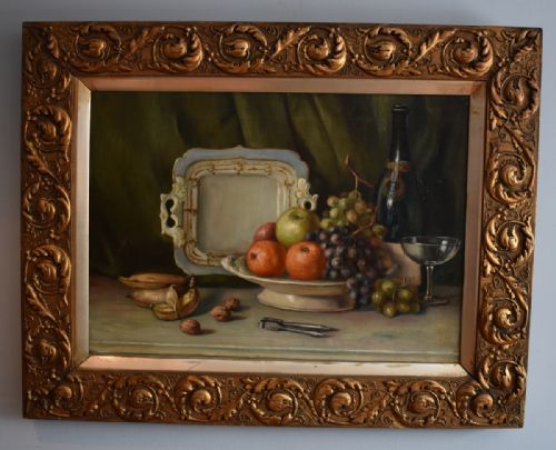 still life oil painting with fruit nuts and wine bottle - CATEGORY: ANTIQUE ART - DATED 1920