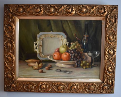 STILL LIFE OIL PAINTING WITH FRUIT NUTS AND WINE BOTTLE - ADDITIONAL PHOTO 1