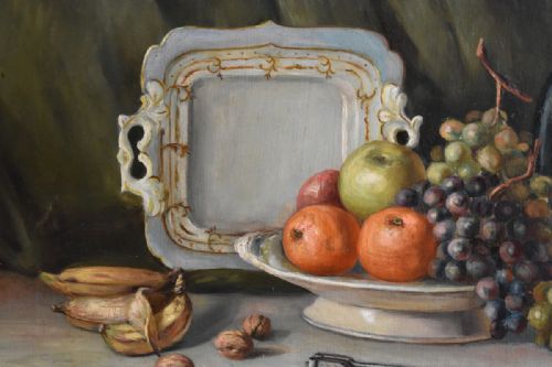 STILL LIFE OIL PAINTING WITH FRUIT NUTS AND WINE BOTTLE - ADDITIONAL PHOTO 2