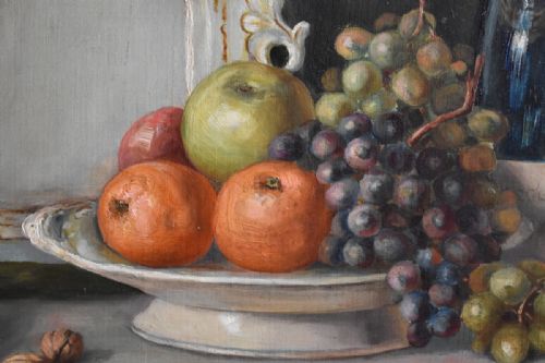 STILL LIFE OIL PAINTING WITH FRUIT NUTS AND WINE BOTTLE - ADDITIONAL PHOTO 3
