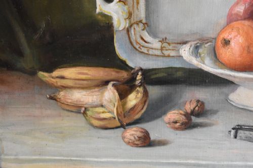 STILL LIFE OIL PAINTING WITH FRUIT NUTS AND WINE BOTTLE - ADDITIONAL PHOTO 4