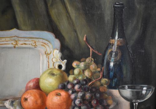 STILL LIFE OIL PAINTING WITH FRUIT NUTS AND WINE BOTTLE - ADDITIONAL PHOTO 5