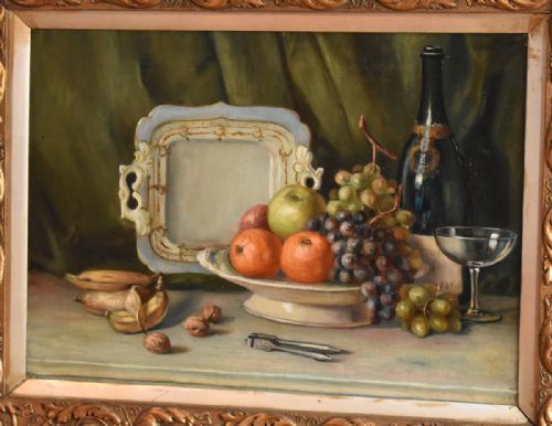 STILL LIFE OIL PAINTING WITH FRUIT NUTS AND WINE BOTTLE - ADDITIONAL PHOTO 8