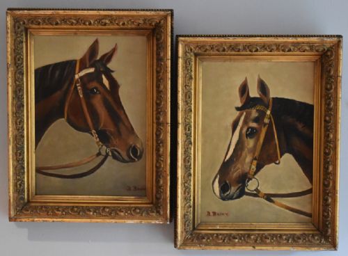 pair of naive folk art oil paintings of horses - CATEGORY: ANTIQUE ART - DATED 1880