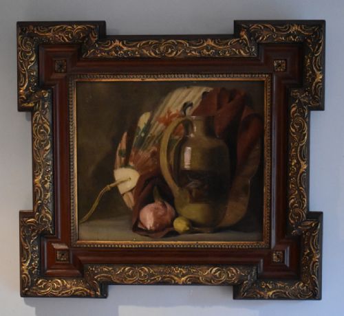 still life oil painting with oriental fan - CATEGORY: ANTIQUE ART - DATED 1900