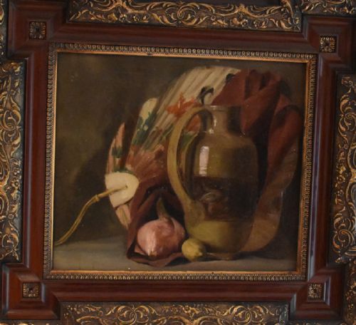 STILL LIFE OIL PAINTING WITH ORIENTAL FAN - ADDITIONAL PHOTO 2