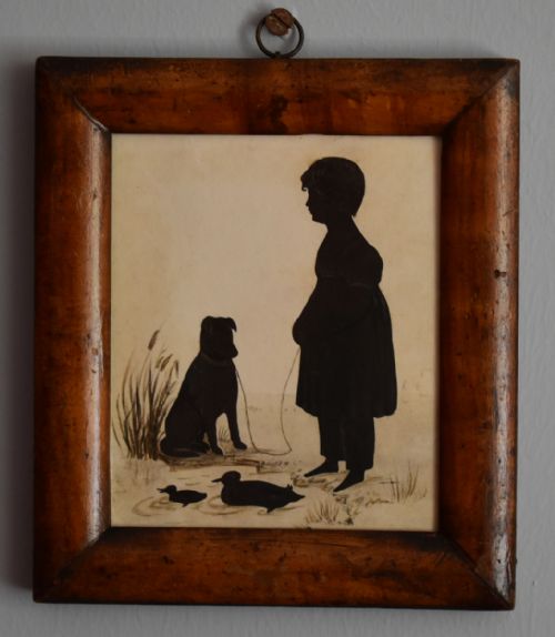 victorian silhouette of child with dog - CATEGORY: ANTIQUE ART - DATED 1860