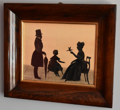 victorian silhouette of a family with bird - CATEGORY: ANTIQUE ART - DATED VICTORIAN