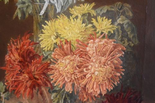 FINE STILL LIFE OIL PAINTING OF CHRYSANTHEMUMS - ADDITIONAL PHOTO 4