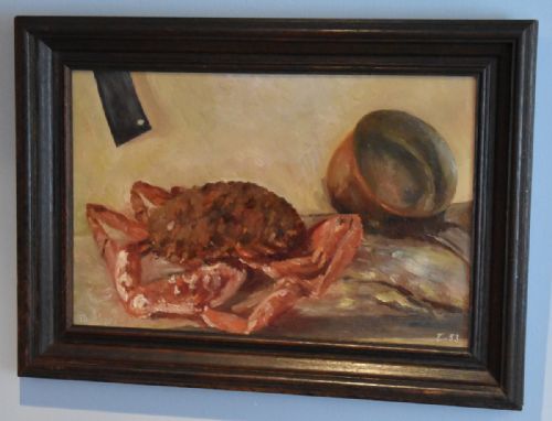 still life oil painting of a spider crab - CATEGORY: ANTIQUE ART - DATED 1950