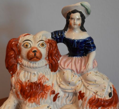 RARE STAFFORDSHIRE FIGURE OF A GIRL ON A SPANIEL DOG - ADDITIONAL PHOTO 1