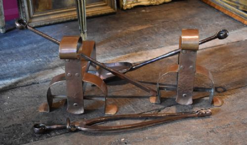 fine set of arts and crafts copper fire irons - CATEGORY: ANTIQUE FIREPLACES - DATED 1900