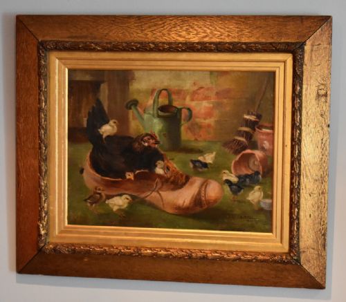 oil painting of a chicken with her chicks nesting in a boot - CATEGORY: ANTIQUE ART - DATED 1900