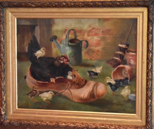 OIL PAINTING OF A CHICKEN WITH HER CHICKS NESTING IN A BOOT - ADDITIONAL PHOTO 1