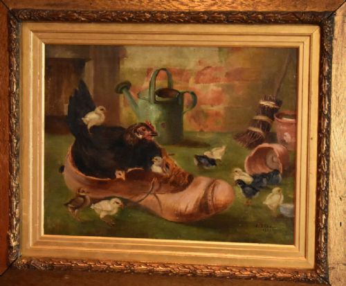 OIL PAINTING OF A CHICKEN WITH HER CHICKS NESTING IN A BOOT - ADDITIONAL PHOTO 2