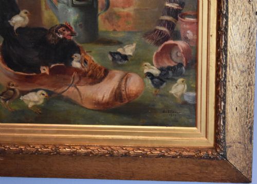 OIL PAINTING OF A CHICKEN WITH HER CHICKS NESTING IN A BOOT - ADDITIONAL PHOTO 3