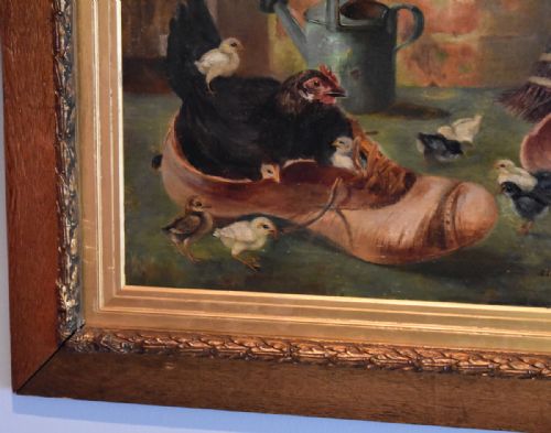 OIL PAINTING OF A CHICKEN WITH HER CHICKS NESTING IN A BOOT - ADDITIONAL PHOTO 4