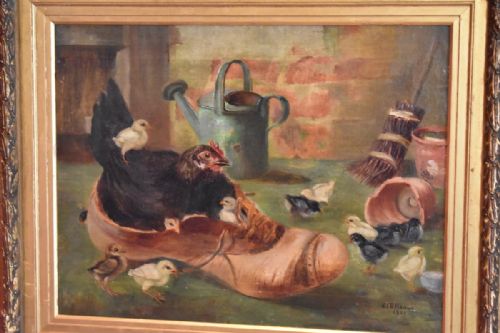 OIL PAINTING OF A CHICKEN WITH HER CHICKS NESTING IN A BOOT - ADDITIONAL PHOTO 5