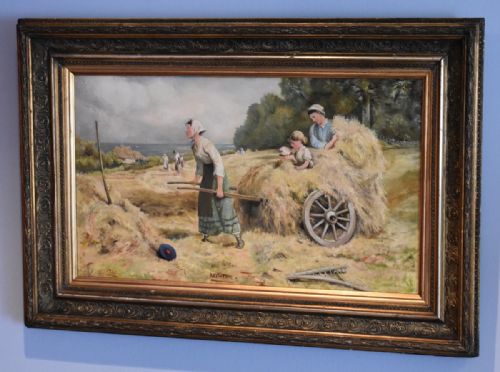 charming oil painting titled 'haytime' - CATEGORY: ANTIQUE ART - DATED 1920