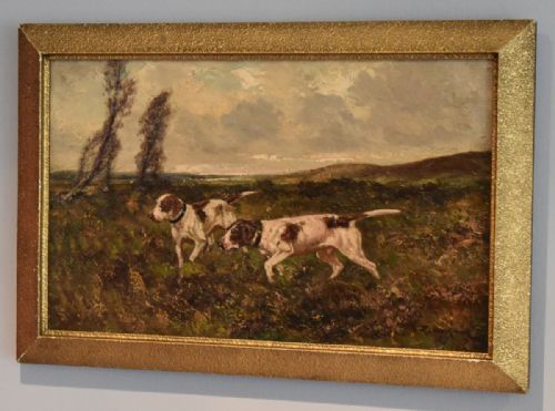 fine oil painting of dogs in landscape setting - CATEGORY: ANTIQUE ART - DATED 1920