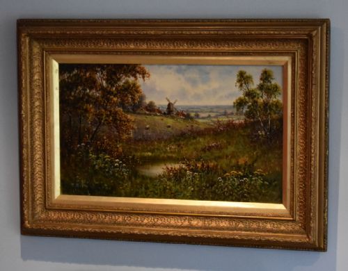 fine landscape oil painting with windmill - CATEGORY: ANTIQUE ART - DATED 1930