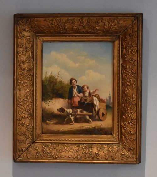 Oil Painting Father with Child, and Dog Pulling Cart