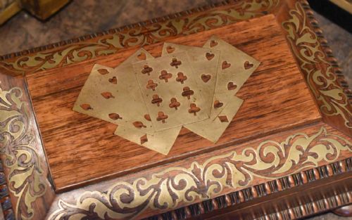 REGENCY ROSEWOOD BRASS INLAID CARD OR GAMES BOX - ADDITIONAL PHOTO 3