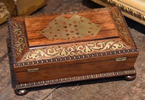 REGENCY ROSEWOOD BRASS INLAID CARD OR GAMES BOX - ADDITIONAL PHOTO 5