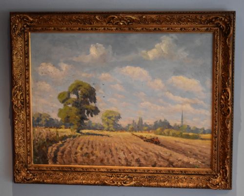 'the red tractor' oil painting by wacross - CATEGORY: ANTIQUE ART - DATED 1940