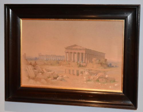 victorian watercolour of the temple of poseidon paestum italy - CATEGORY: ANTIQUE ART - DATED VICTORIAN