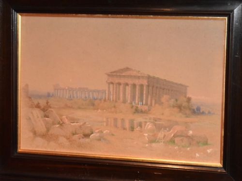 VICTORIAN WATERCOLOUR OF THE TEMPLE OF POSEIDON PAESTUM ITALY - ADDITIONAL PHOTO 1