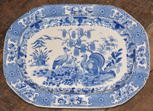regency blue and white platter with turkey - CATEGORY: ANTIQUE CERAMICS - DATED REGENCY
