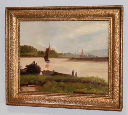 'barges on the orwell' oil painting - CATEGORY: ANTIQUE ART - DATED 1890