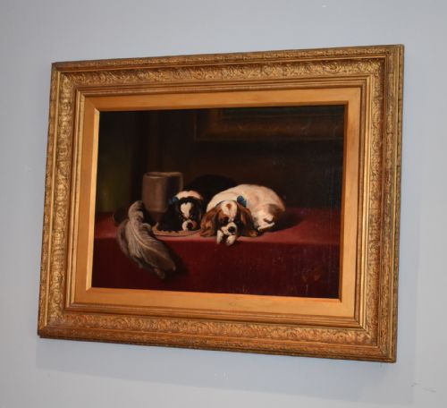 victorian oil painting of spaniels after landseer - CATEGORY: ANTIQUE ART - DATED VICTORIAN