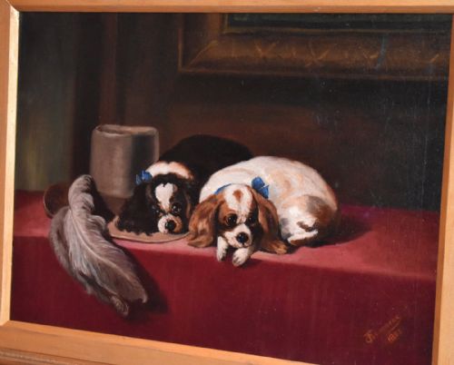 VICTORIAN OIL PAINTING OF SPANIELS AFTER LANDSEER - ADDITIONAL PHOTO 4