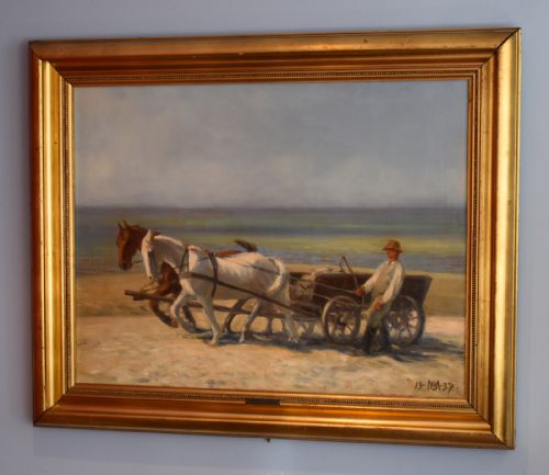 oil painting of horses and a wagon on the beach by oscar matthiesen - CATEGORY: ANTIQUE ART - DATED 1940