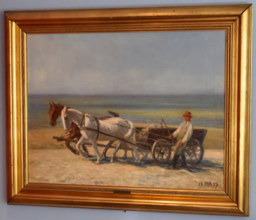 OIL PAINTING OF HORSES AND A WAGON ON THE BEACH BY OSCAR MATTHIESEN - ADDITIONAL PHOTO 1