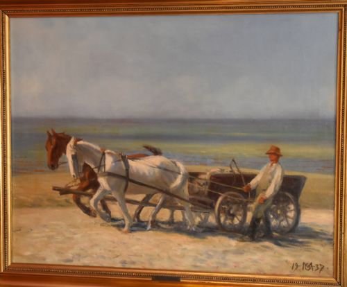 OIL PAINTING OF HORSES AND A WAGON ON THE BEACH BY OSCAR MATTHIESEN - ADDITIONAL PHOTO 2