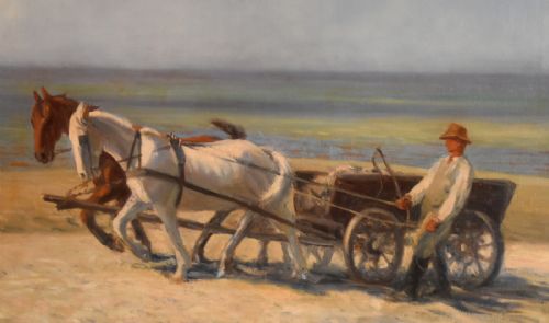 OIL PAINTING OF HORSES AND A WAGON ON THE BEACH BY OSCAR MATTHIESEN - ADDITIONAL PHOTO 3