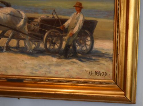 OIL PAINTING OF HORSES AND A WAGON ON THE BEACH BY OSCAR MATTHIESEN - ADDITIONAL PHOTO 4